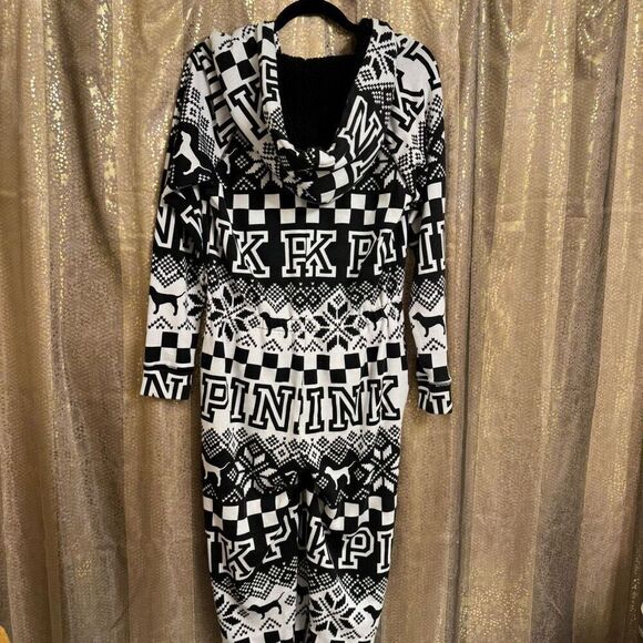 PINK Victorias Secret Black White Winter Sherpa Hood Zip Romper Small - Picture 6 of 11